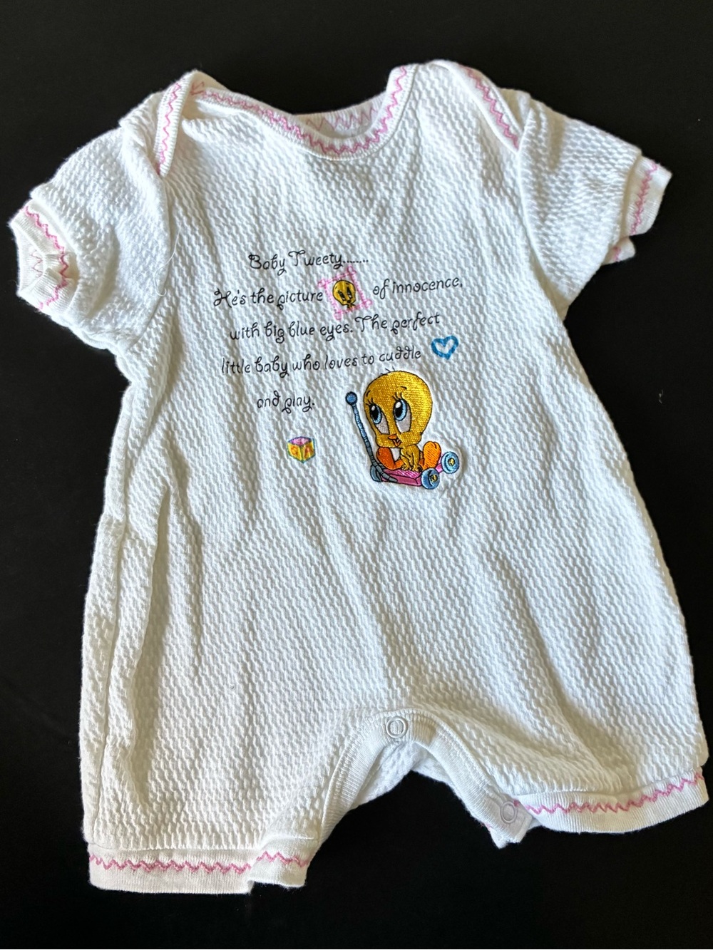 Vintage Warner Bros. Looney Toons Onesie with Tweety Embroidery and Pink Trim